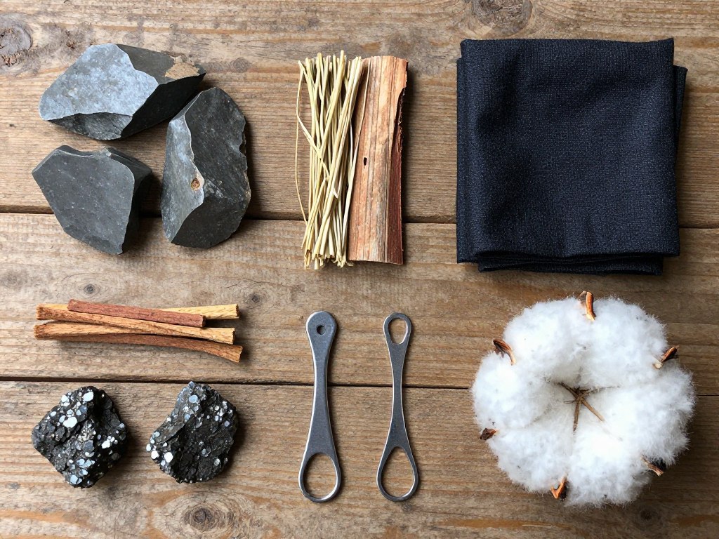 Coleção de diferentes materiais para fazer fogo: sílex, pirita, isca natural e ferramentas