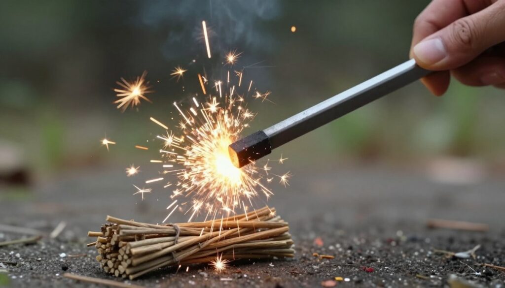 Demonstração do mecanismo de funcionamento da pederneira gerando faíscas