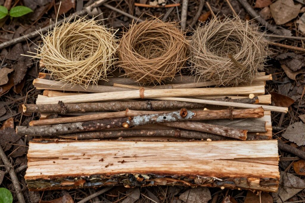 Diferentes materiais para fazer fogo primitivo organizados em camadas