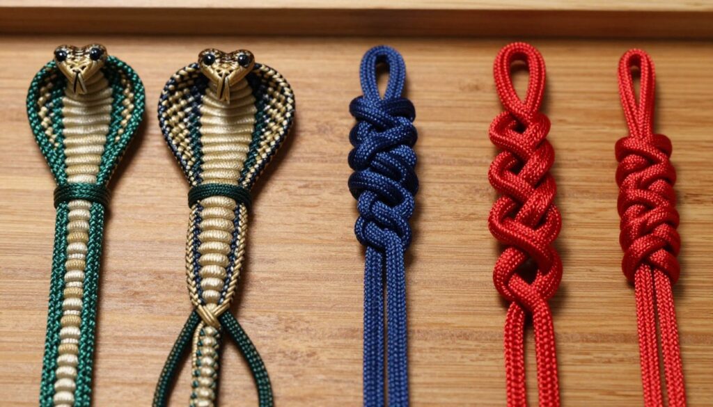 Diferentes padrões de trançado de paracord lado a lado