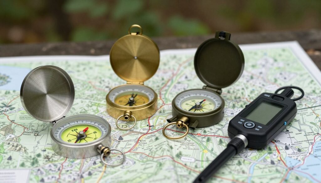 Diferentes tipos de bussola dispostos sobre um mapa de trilha
