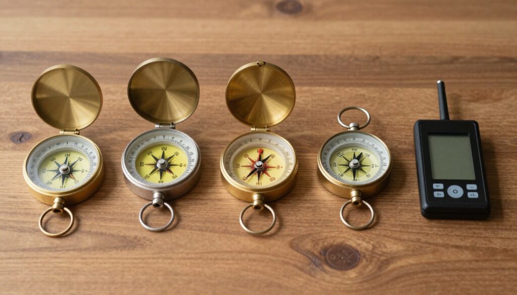 Diferentes tipos de bussola lado a lado para comparação de características
