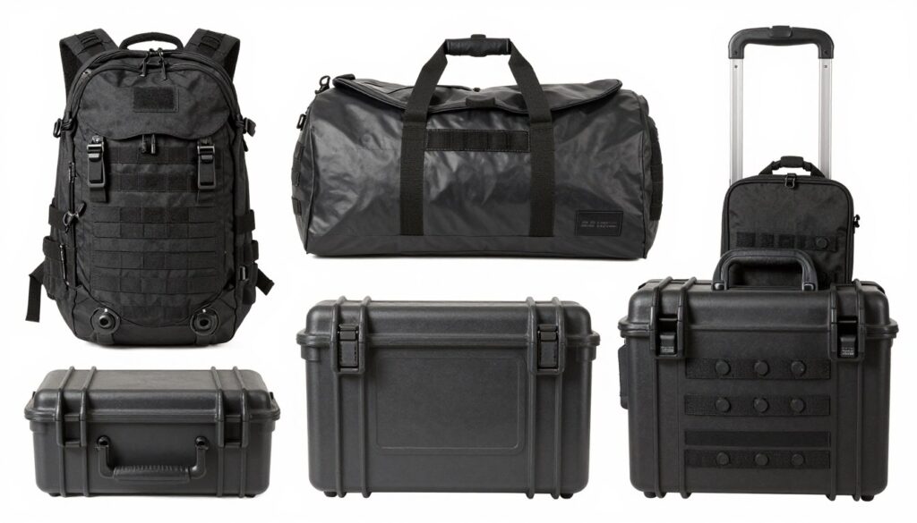 Diferentes tipos de mochilas e recipientes para kits de sobrevivência