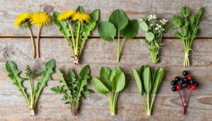 Diversas plantas silvestres comestíveis dispostas sobre uma mesa de madeira rústica