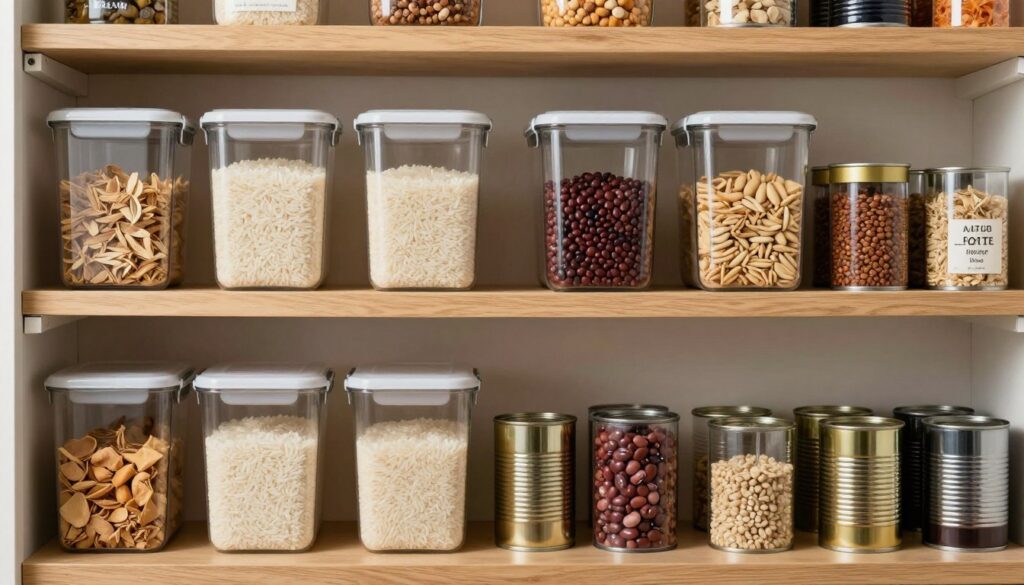 Diversos alimentos armazenados para sobrevivência, incluindo grãos, enlatados e alimentos desidratados organizados em prateleiras