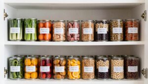 Diversos alimentos enlatados organizados em prateleiras para emergências