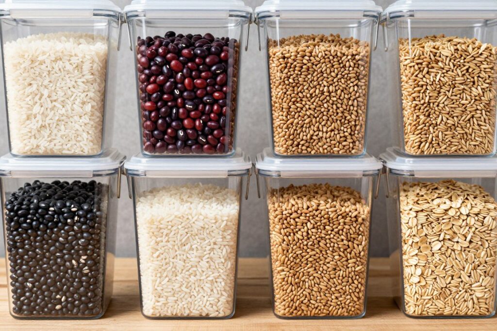 Diversos grãos armazenados em recipientes herméticos transparentes, mostrando arroz, feijão, trigo e aveia