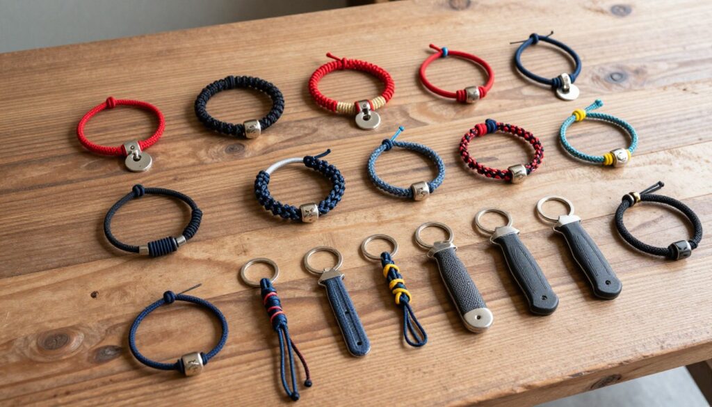 Diversos projetos feitos com paracord incluindo pulseiras, chaveiros e aplicações práticas
