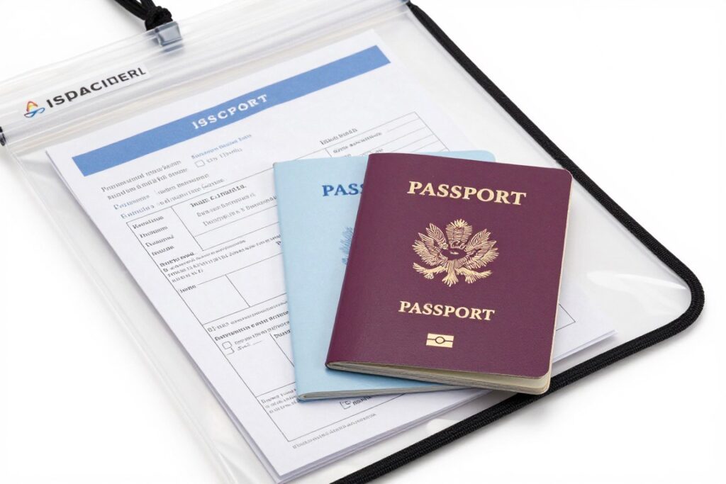 Documentos essenciais organizados em pasta impermeável para kit de sobrevivência