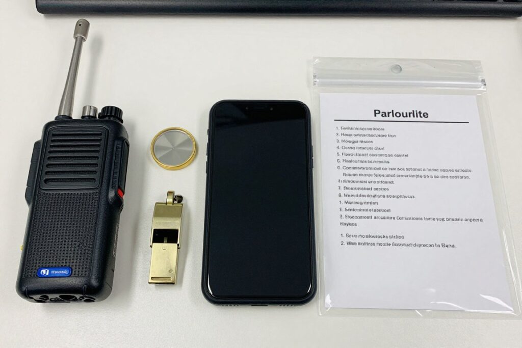 Equipamentos de comunicação para emergências incluindo rádio, apito e carregador portátil