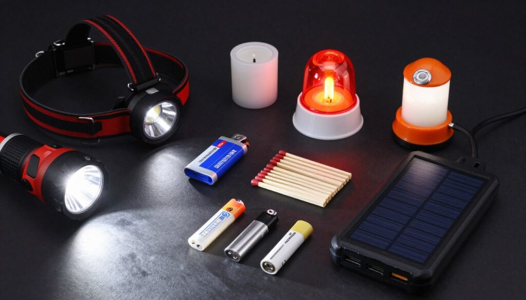 Equipamentos de iluminação para emergências incluindo lanternas, velas e carregador solar