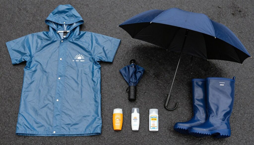 Equipamentos de proteção contra intempéries incluindo poncho, protetor solar e repelente