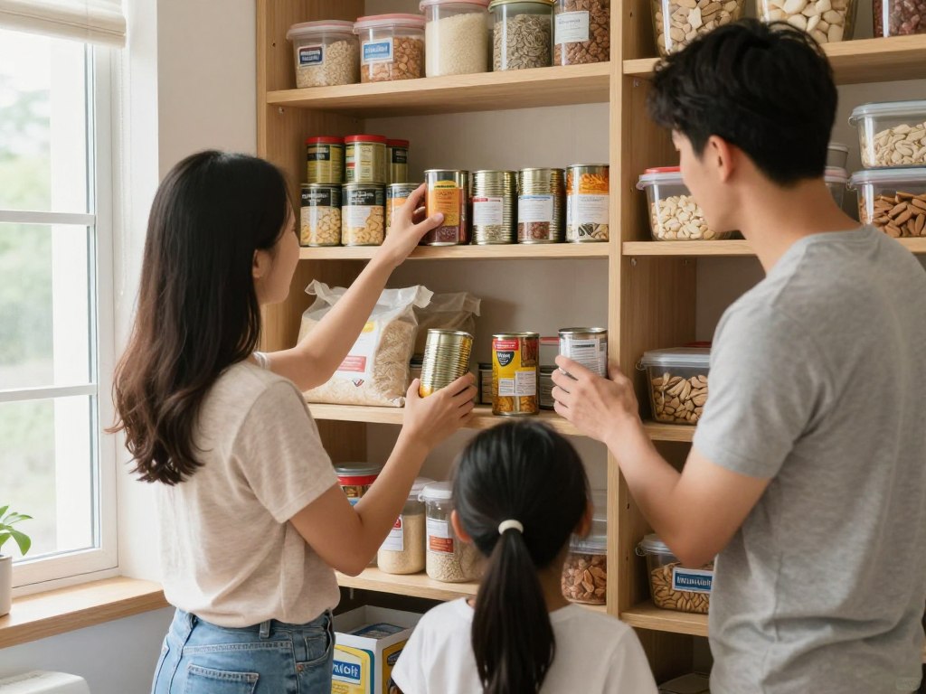 Família organizando seu estoque de alimentos para sobrevivência em uma despensa
