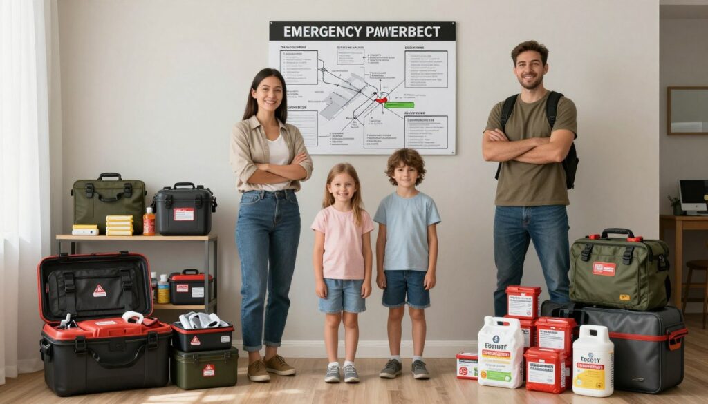 Família preparada com kit de sobrevivência completo em casa
