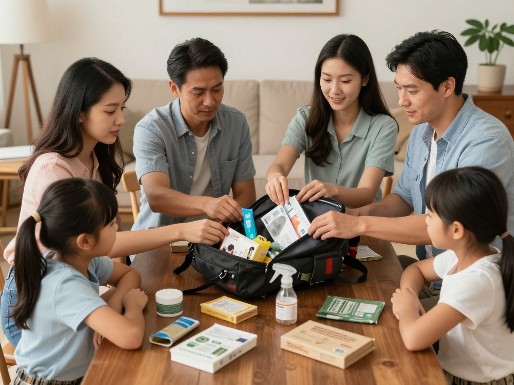 Família preparando seu kit de sobrevivência em casa, organizando itens essenciais