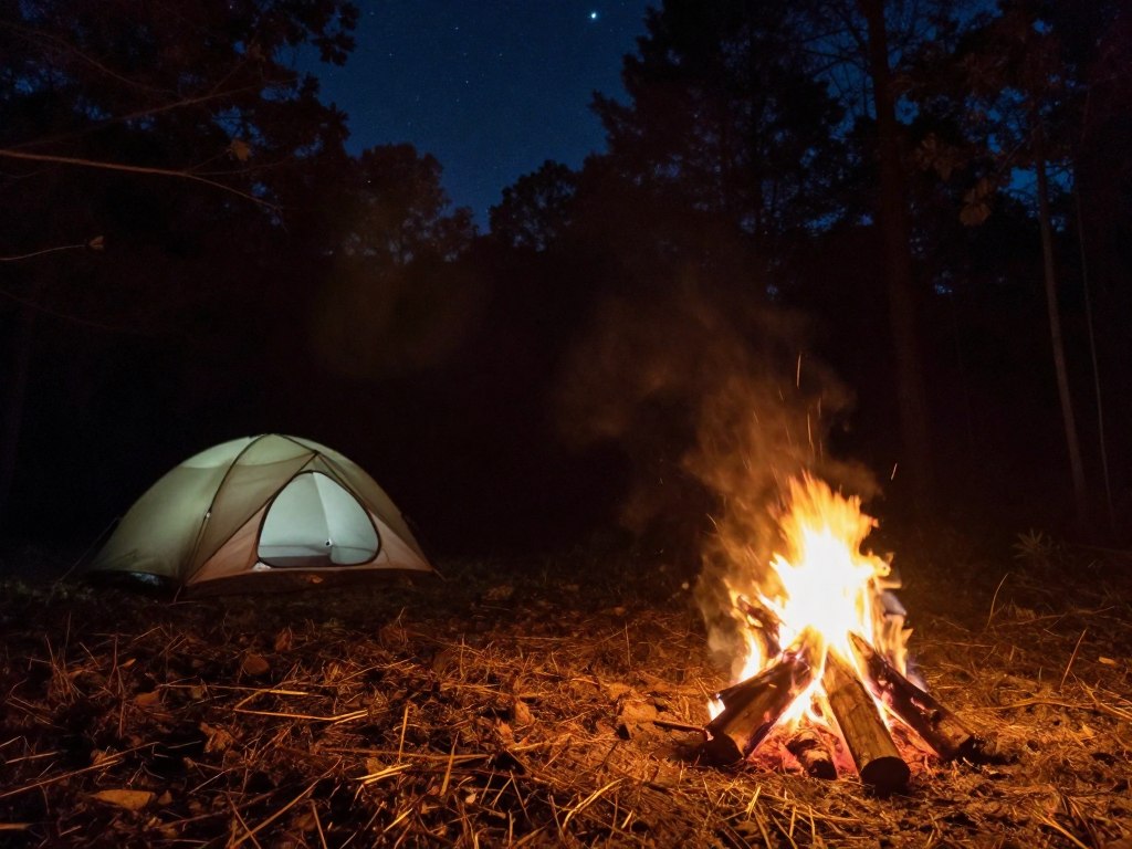 Fogueira acesa iluminando um acampamento noturno na floresta