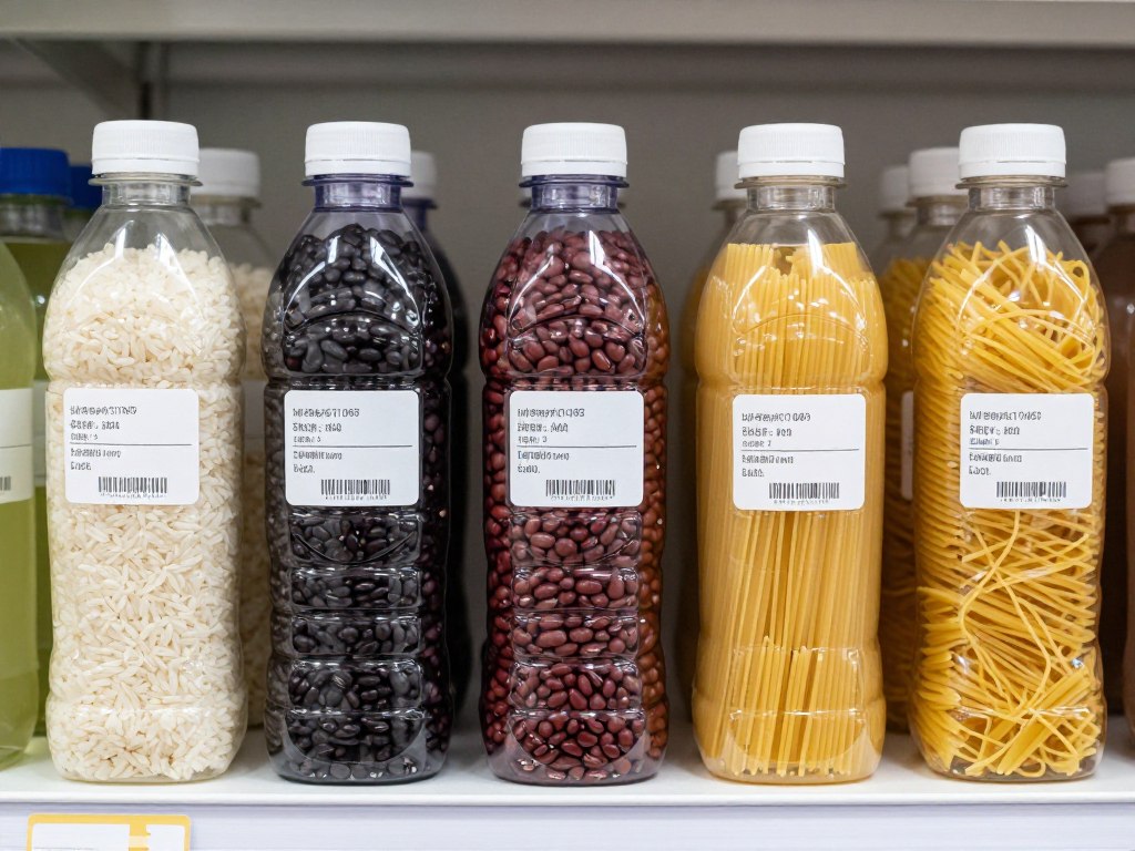 Garrafas PET sendo utilizadas para armazenar grãos como arroz e feijão