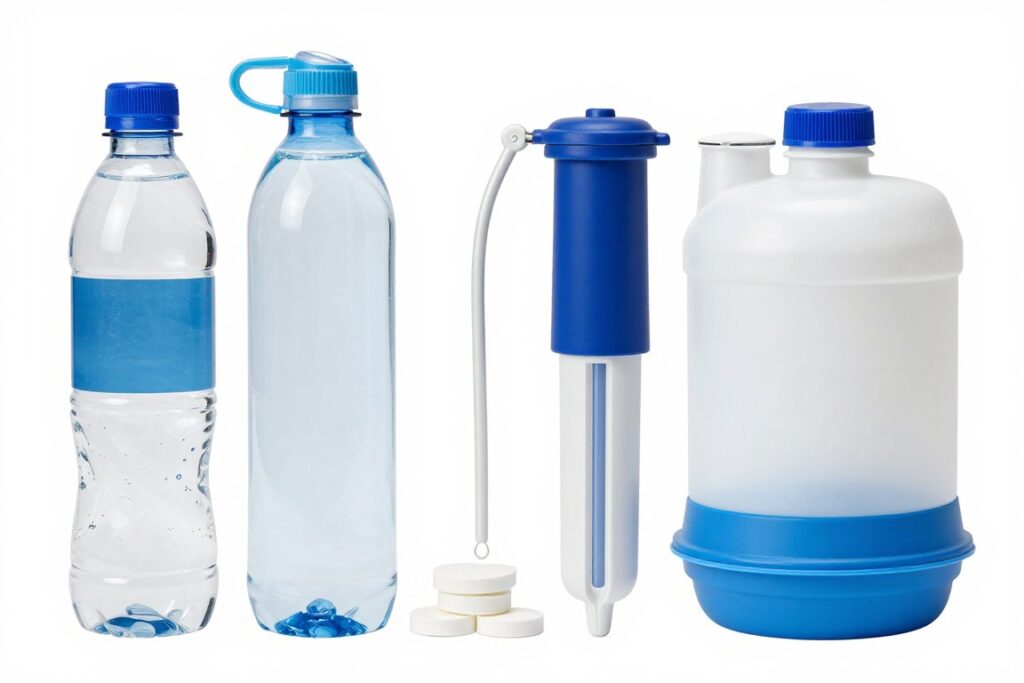 Garrafas de água e métodos de purificação para kit de sobrevivência