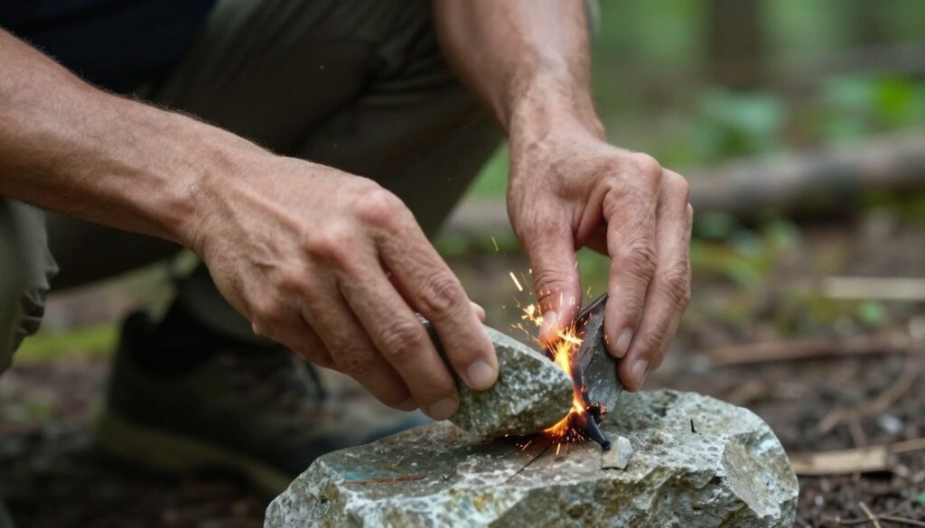 Homem fazendo fogo com pedra usando técnica de fricção em ambiente natural