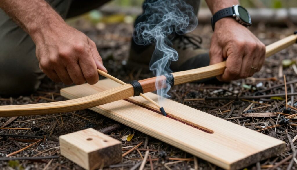 Homem utilizando técnica de arco e broca para fazer fogo primitivo