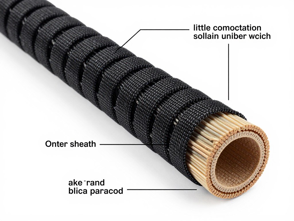 Ilustração da estrutura interna do paracord mostrando a capa externa e os filamentos internos