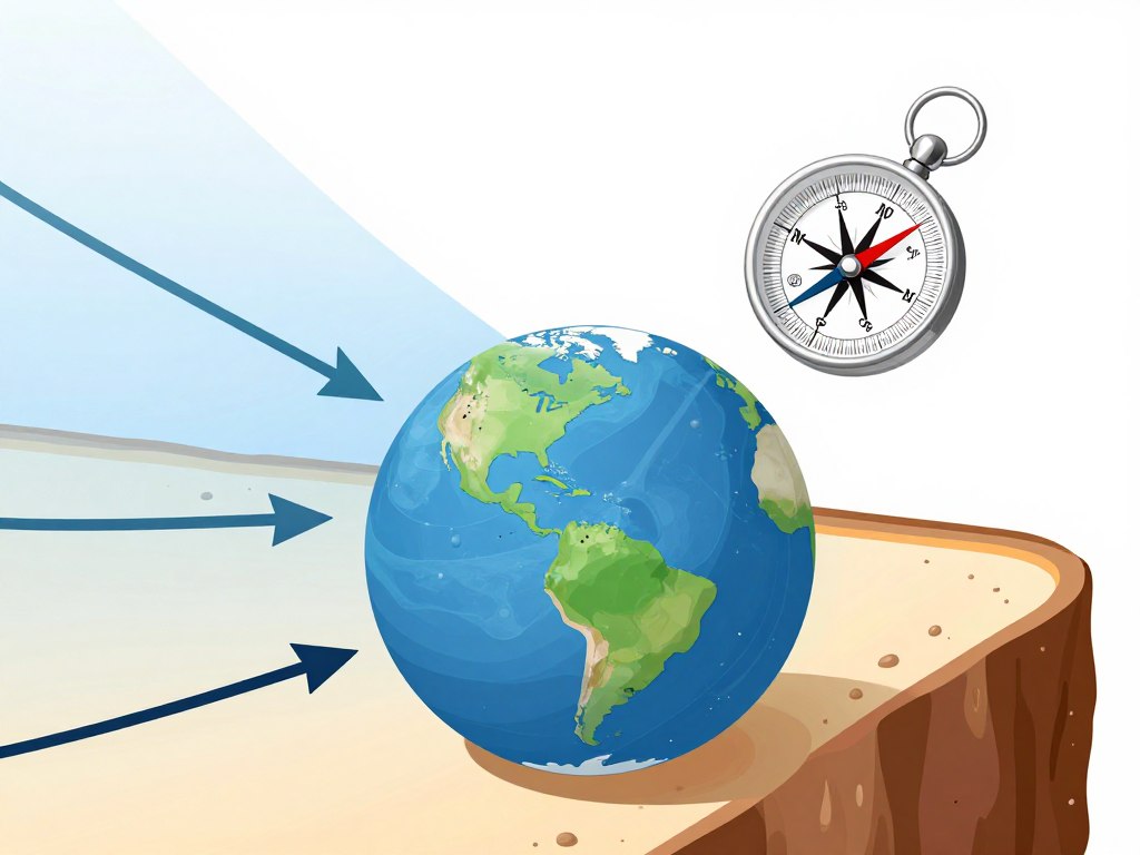 Ilustração mostrando como o campo magnético da Terra interage com a agulha da bussola