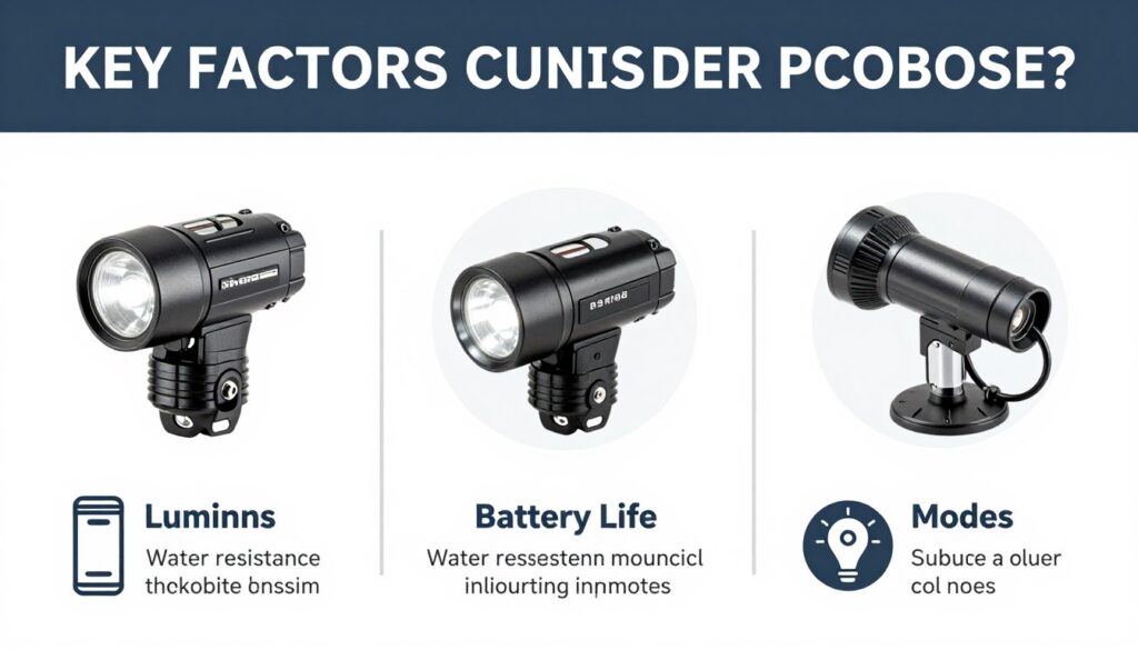 Infográfico mostrando os principais fatores a considerar ao escolher uma lanterna para bicicleta