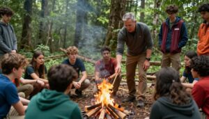 Instrutor demonstrando técnicas de sobrevivência para um grupo de alunos em ambiente natural