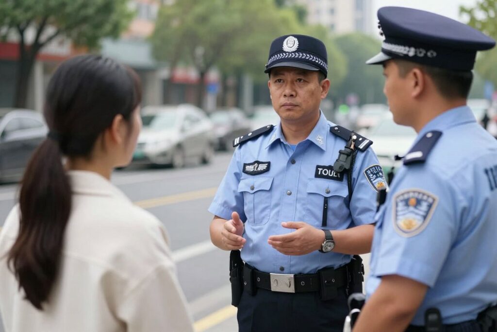 Interação respeitosa entre cidadão e policial durante uma abordagem