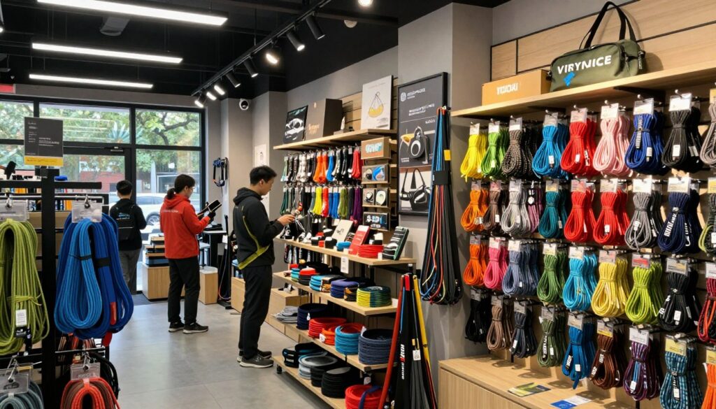 Interior de uma loja especializada em equipamentos de aventura com paracord à venda
