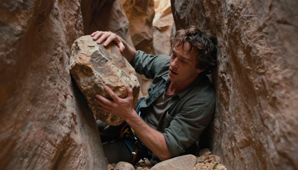 James Franco como Aron Ralston preso em um cânion em 127 Horas