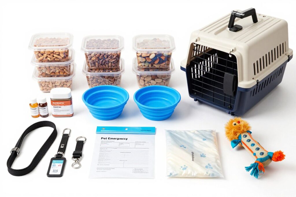 Kit de emergência para animais de estimação com ração, medicamentos e itens essenciais