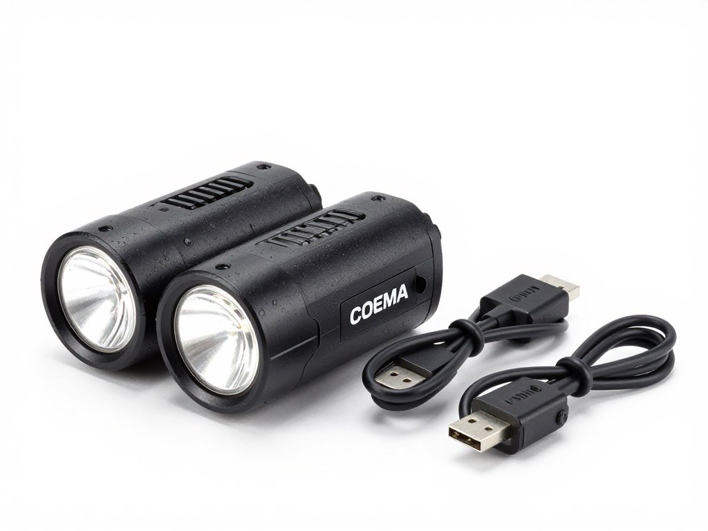 Kit de luzes COEMA para bicicleta mostrando farol dianteiro e lanterna traseira recarregáveis
