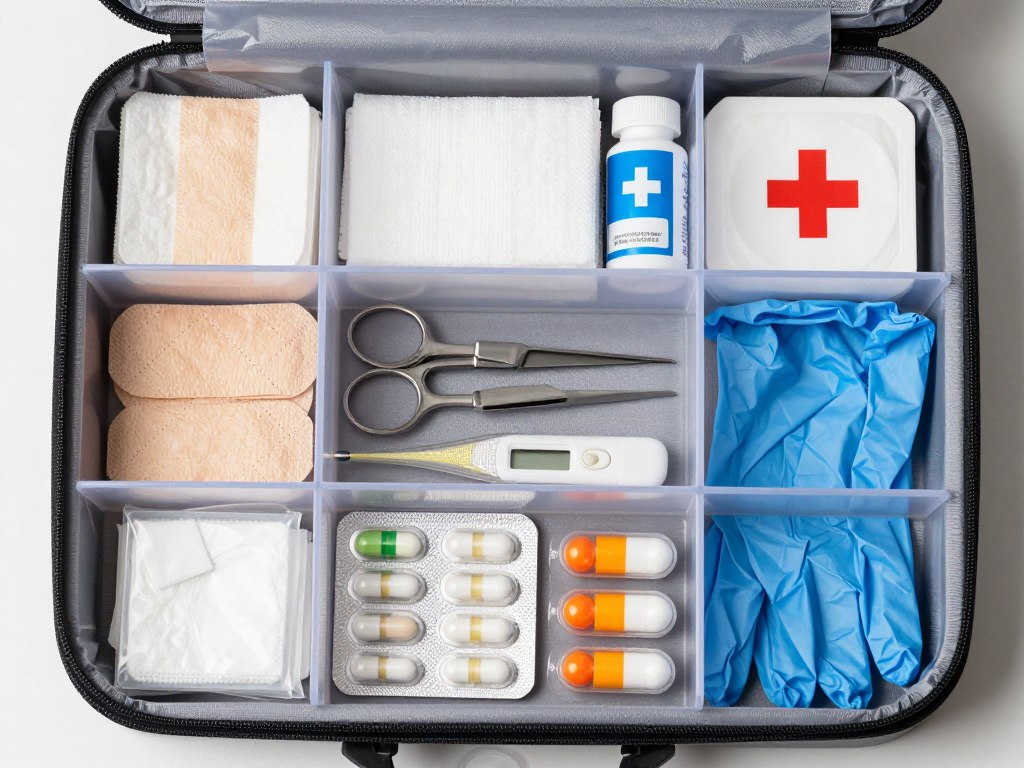 Kit de primeiros socorros aberto mostrando bandagens, medicamentos e instrumentos médicos