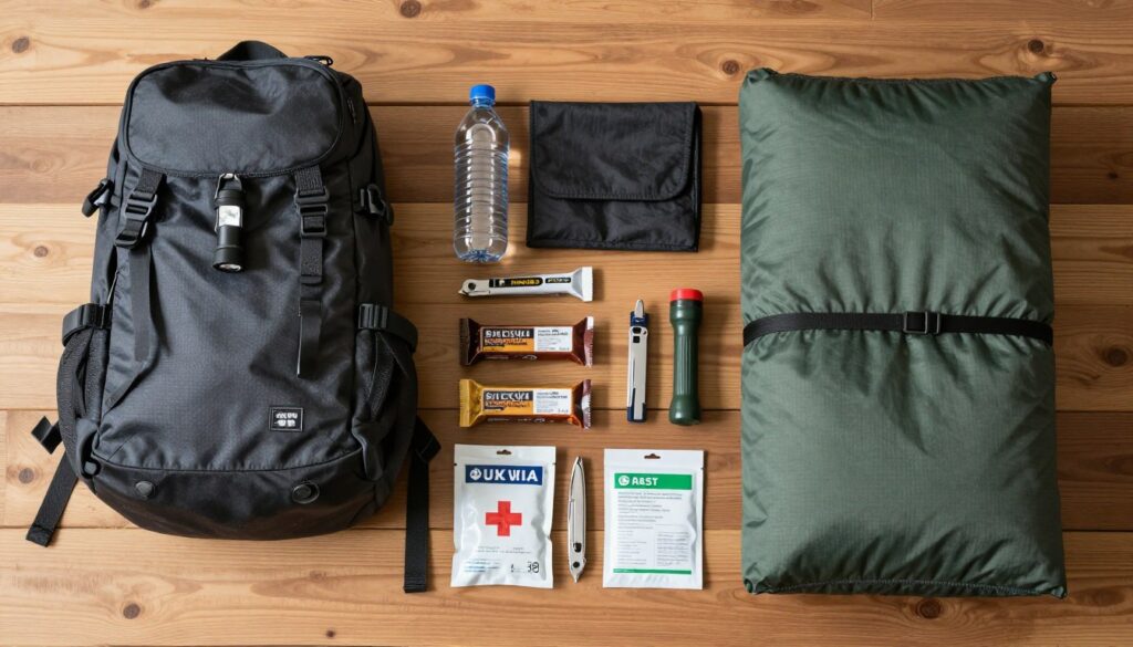 Kit de sobrevivência completo com mochila, lanterna, água, alimentos e equipamentos de primeiros socorros