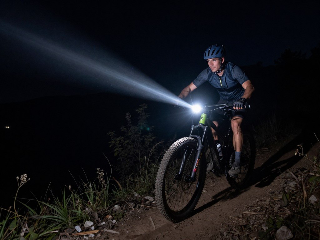 Lanterna HeadLights T6 Suporte Duplo para bicicleta mostrando seu potente feixe de luz em uma trilha noturna