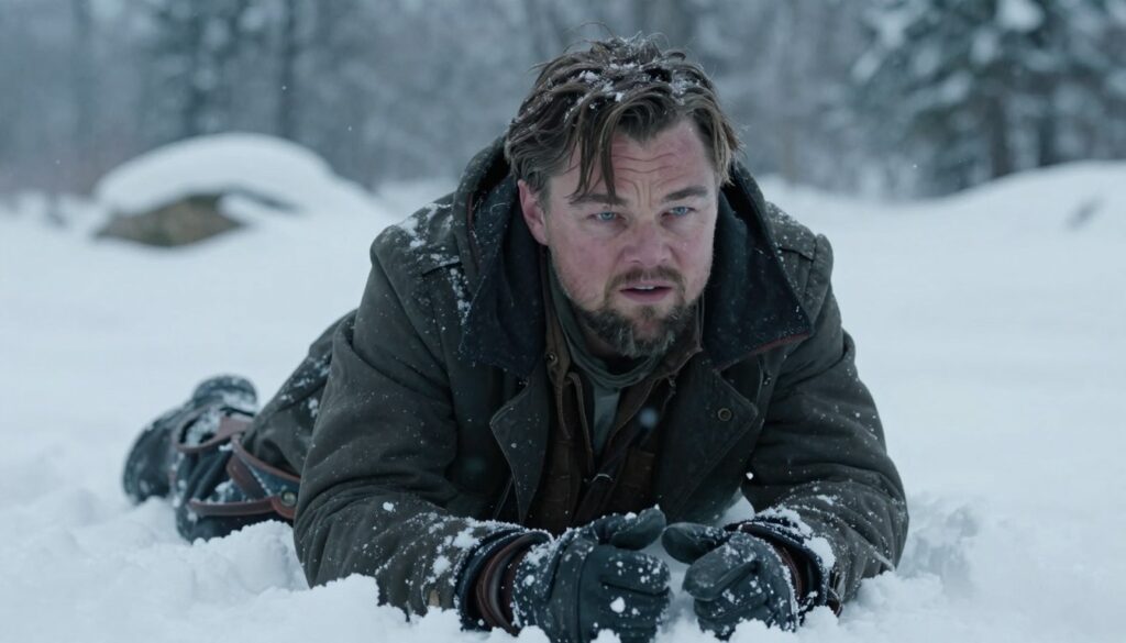 Leonardo DiCaprio como Hugh Glass em O Regresso, enfrentando condições extremas na neve