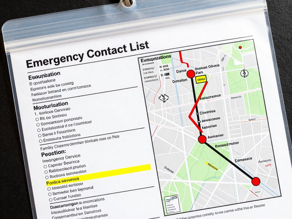 Lista de contatos de emergência e mapa com rotas de evacuação