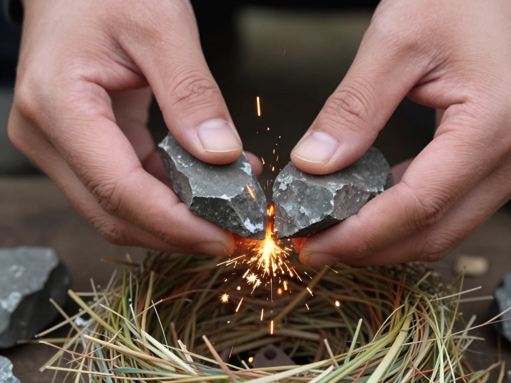 Mãos batendo duas pedras de sílex para produzir faíscas sobre material combustível