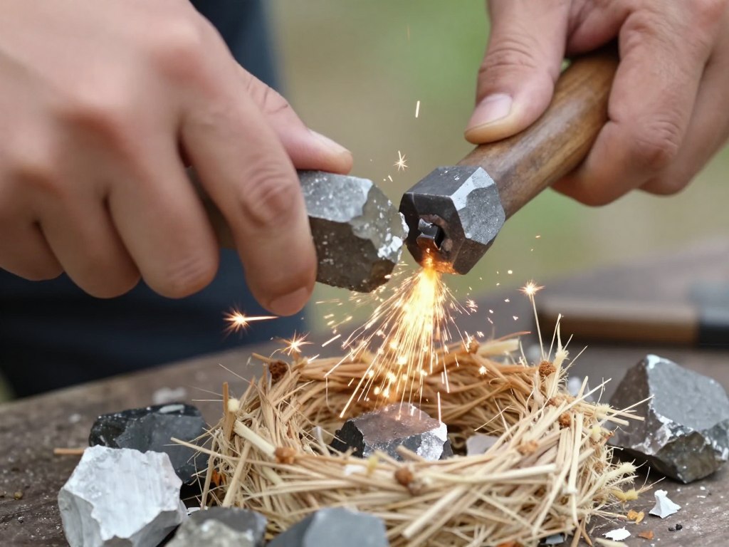 MĂŁos produzindo faĂscas ao bater pedra de sĂlex contra peça de aço