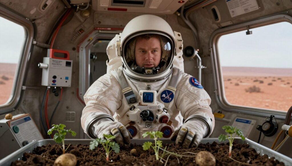 Matt Damon como Mark Watney cultivando batatas em Marte em Perdido em Marte