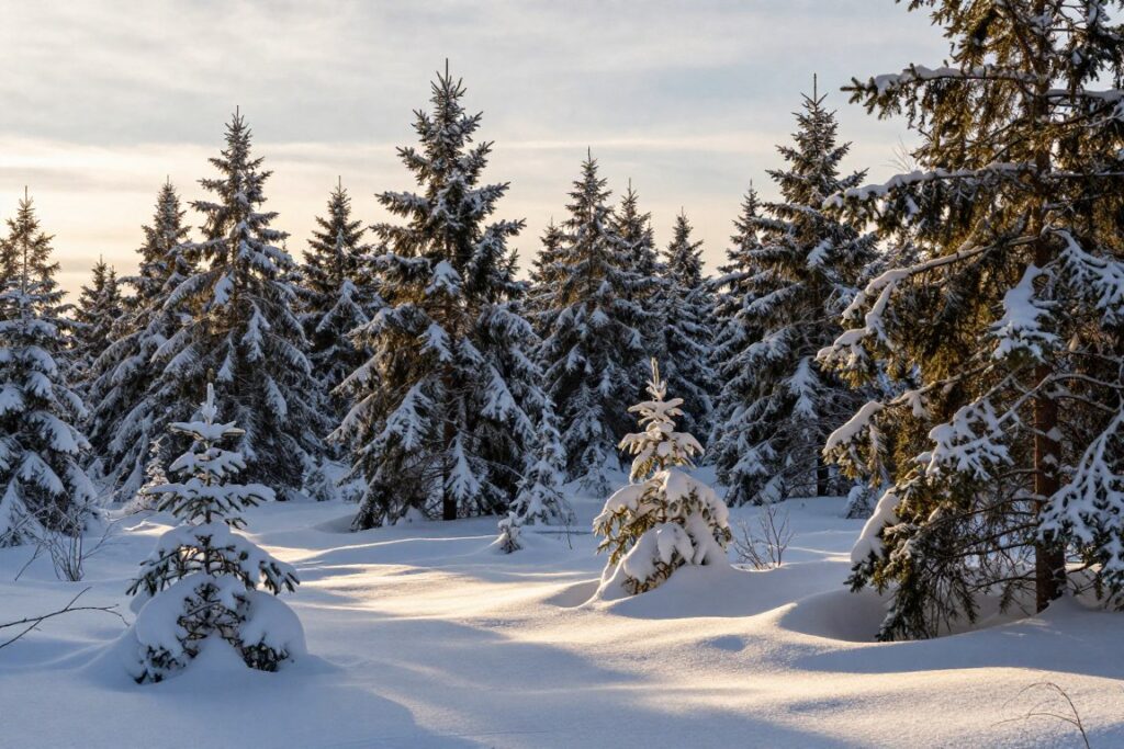 Paisagem típica da Floresta Taiga no inverno, com coníferas cobertas de neve
