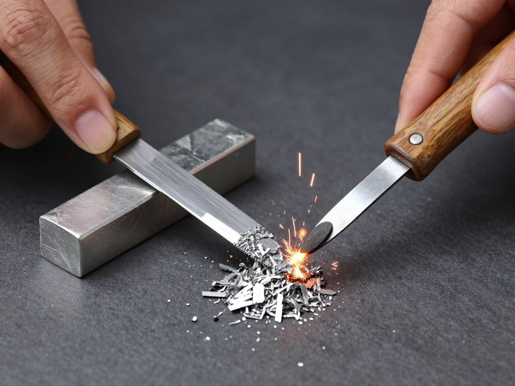 Pederneira de magnésio mostrando o processo de raspagem e ignição