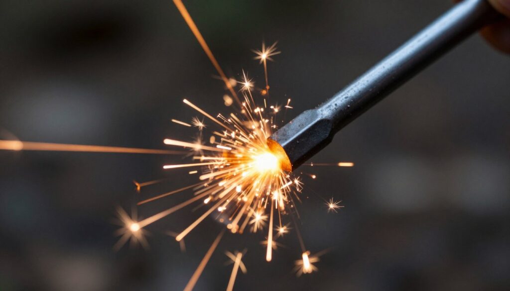 Pederneira produzindo faíscas em ambiente de acampamento