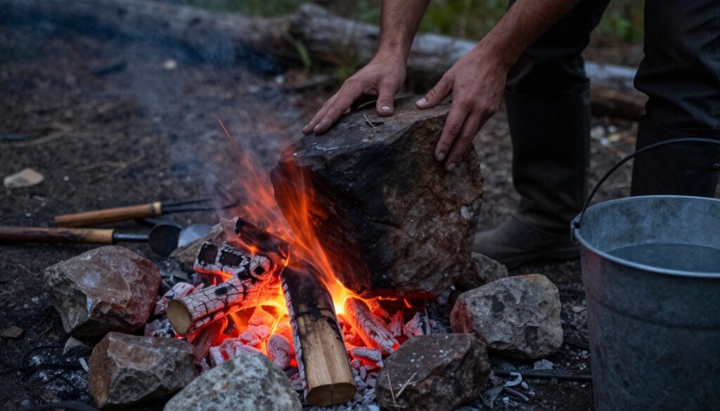 Pedra sendo aquecida no fogo para posterior quebra com água fria