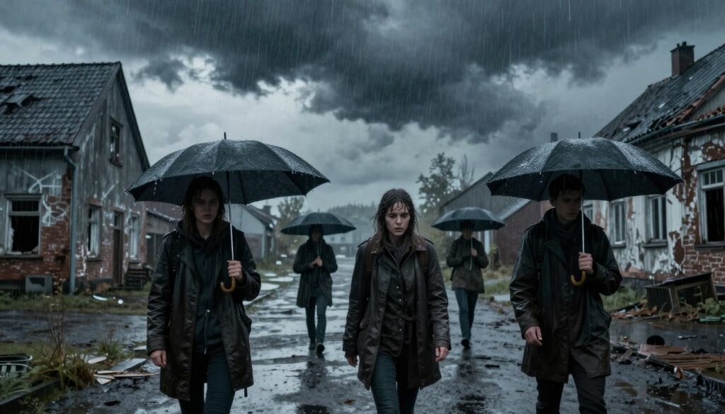 Personagens de The Rain protegendo-se da chuva mortal em um cenĂĄrio pĂłs-apocalĂptico escandinavo