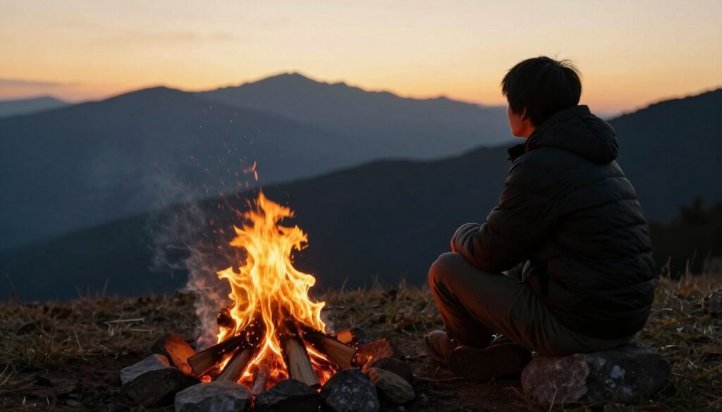 Pessoa contemplando fogueira feita com técnicas primitivas ao pôr do sol