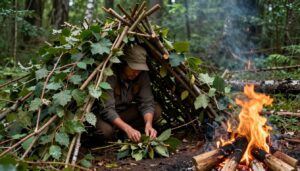 Pessoa praticando bushcraft em ambiente natural, construindo abrigo com materiais da floresta