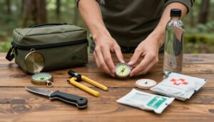 Pessoa preparando um kit de sobrevivência na natureza com itens essenciais