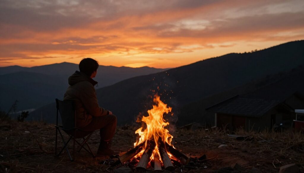 Pessoa sentada junto a uma fogueira primitiva contemplando o pĂŽr do sol